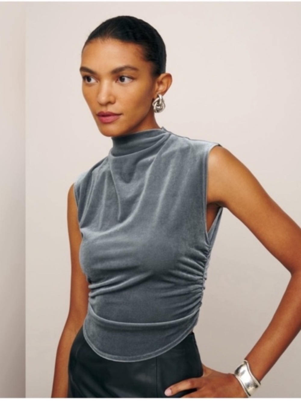 Reformation Sleeveless Ruched Stretch Velvet High Neck Mock Neck Tank XS